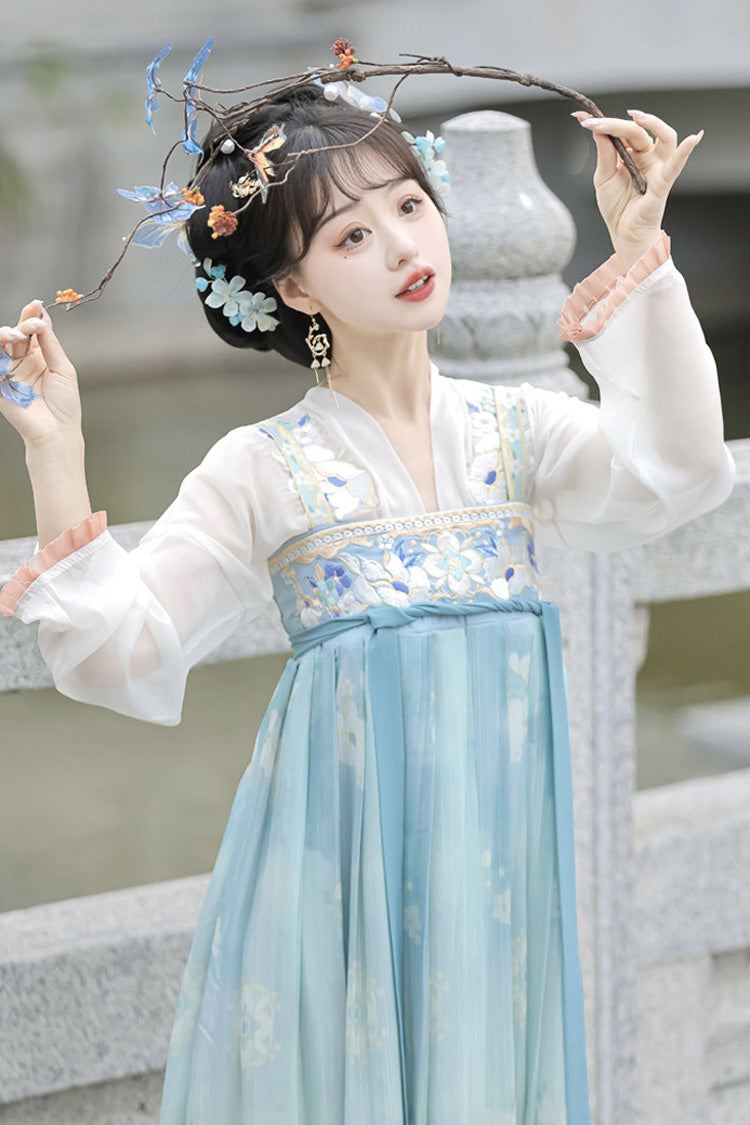 Blue Long Sleeves Tang-Style Qixiong Ruqun Printed Lace Sweet Hanfu Dress Set - Product - 2