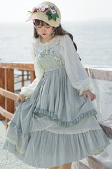 Light Blue Ribbed Chiffon Juniors Sweet Lolita JSK Dress (Belt & Chain are included) - Product - 2