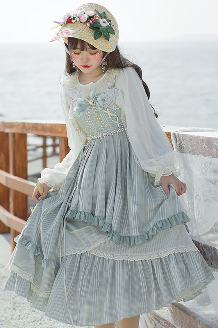 Light Blue Ribbed Chiffon Juniors Sweet Lolita JSK Dress (Belt & Chain are included) - Product - 2