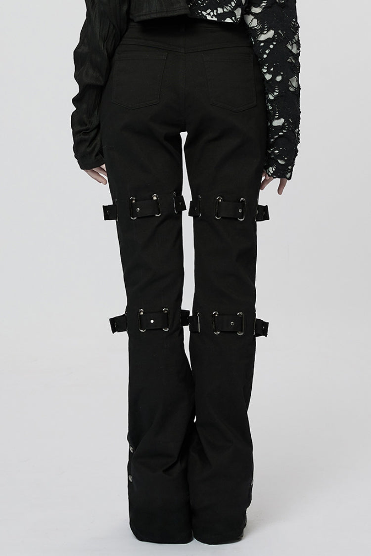 Black Metal Buckles Straps Women's Steampunk Flared Pants - Product - 3