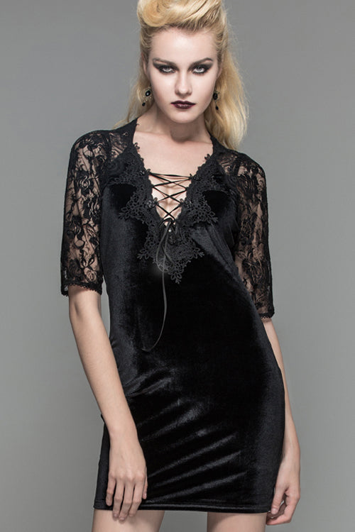 Black Lace Raglan Sleeves Rose Mesh Flocking Sexy Deep V Velvet Womens Gothic Dress - Product - 6
