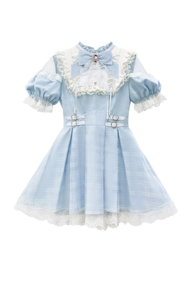 Blue/Aqua Short Sleeves Plaid Printed Ruffled Lace Sweet Jirai Kei Japanese Lolita Dress - Product - 3
