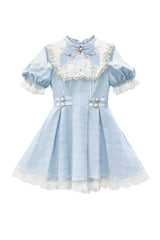 Blue/Aqua Short Sleeves Plaid Printed Ruffled Lace Sweet Jirai Kei Japanese Lolita Dress - Product - 3