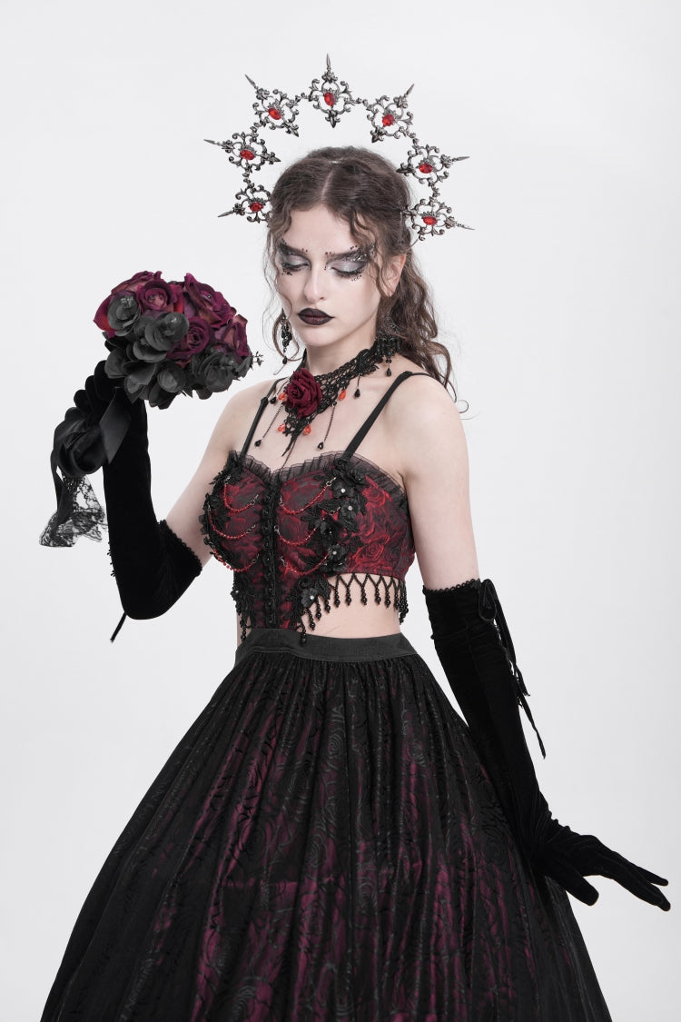Red Jacquard Floral Embroidery Lace Ripped Women's Gothic Party Slip Dress - Product - 12