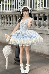 Blue [Dreaming Butterfly] Multi-Layered Jacquard Ruffle Bowknot Lace Sweet Princess Lolita Jsk Dress - Product - 5