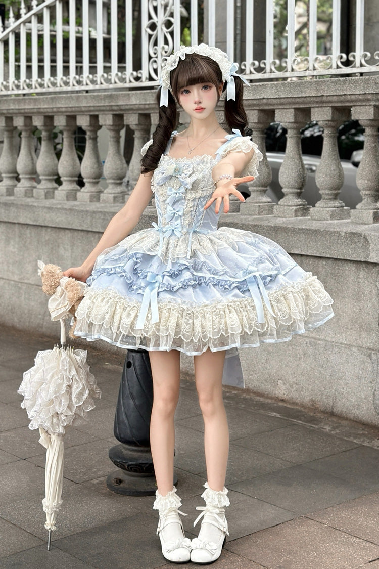 Blue [Dreaming Butterfly] Multi-Layered Jacquard Ruffle Bowknot Lace Sweet Princess Lolita Jsk Dress - Product - 5