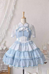 Blue/White [Cotton Cloud] Lapel Collar Ruffle Bowknot Lace-Up Sweet Lolita Jsk Dress - Product - 4