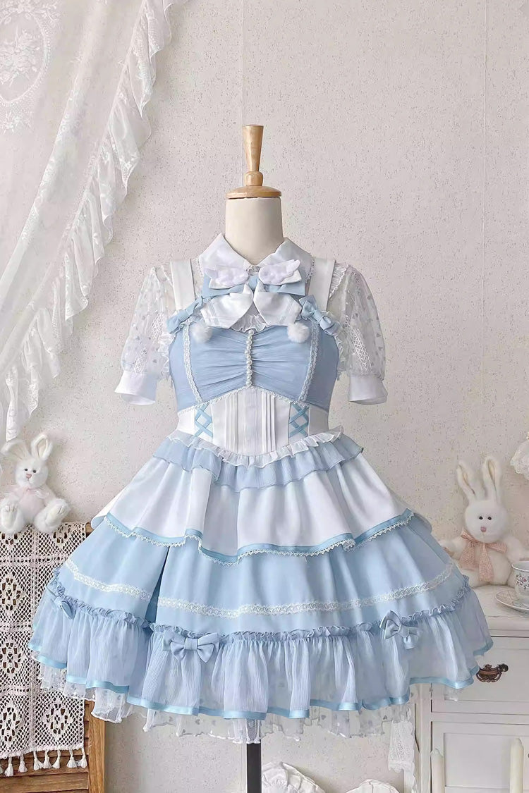 Blue/White [Cotton Cloud] Lapel Collar Ruffle Bowknot Lace-Up Sweet Lolita Jsk Dress - Product - 4