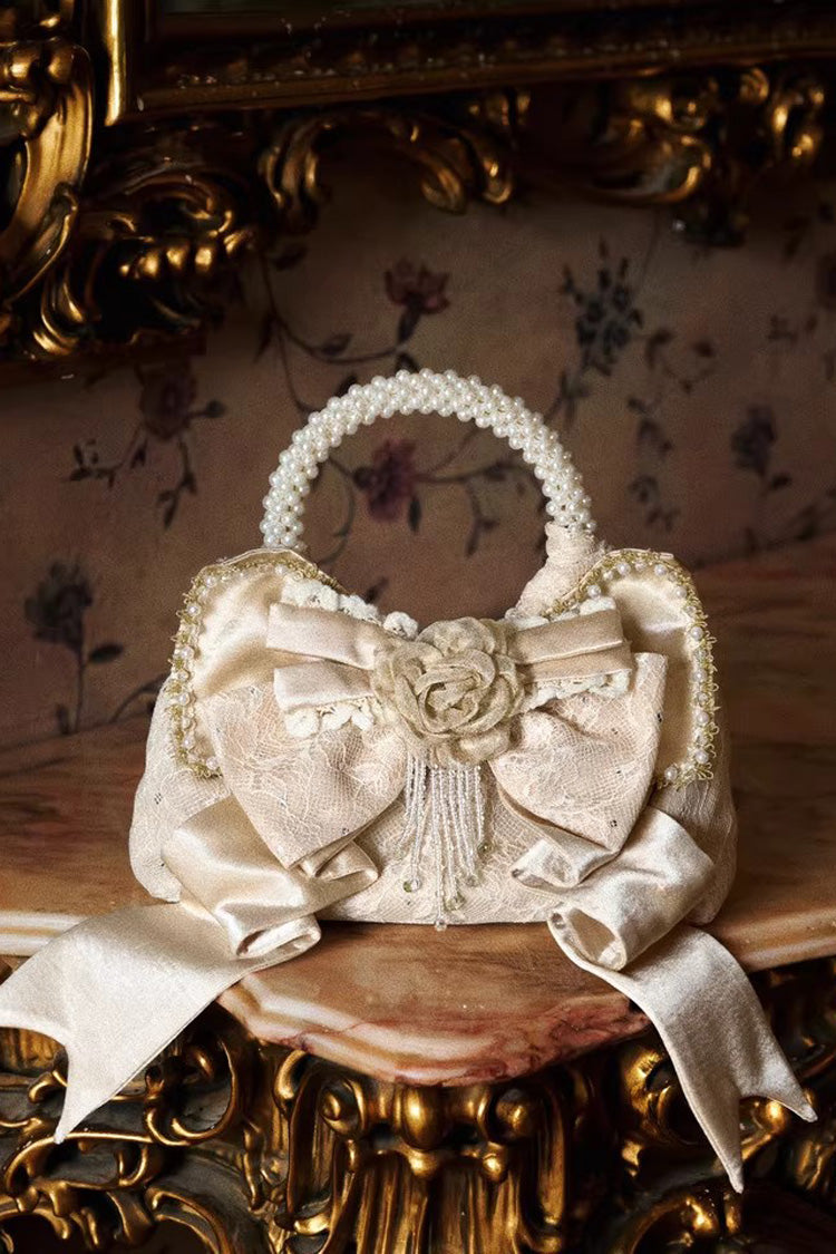 Champagne Satin Gilded 3D Bow Pearl-Decorated Sweet Lolita Handbag - Champagne - 1