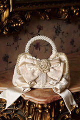 Champagne Satin Gilded 3D Bow Pearl-Decorated Sweet Lolita Handbag - Champagne - 1