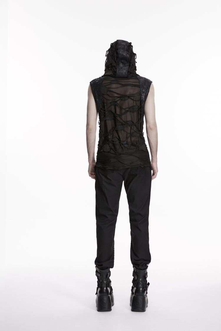 Black Sleeveless Cut-Out Spliced Lace-Up Hooded Sheer Asymmetric Eyelet Men's Punk Handsome Vest - Product - 2