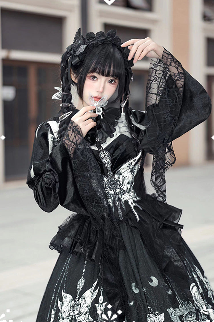 Black [Feast of Bones] Print Ruffle Bowknot Lace Gothic Elegant Lolita Long Dress - Product - 10
