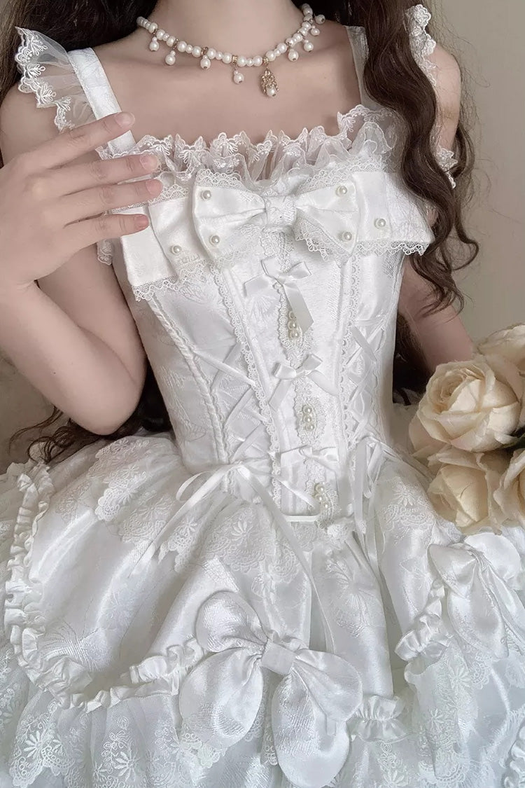 White [Realm of Sea Moon] Square Collar Sleeveless Multi-Layered Jacquard Ruffled Bow Lace Lace-Up Sweet Lolita Jsk Dress - Product - 5