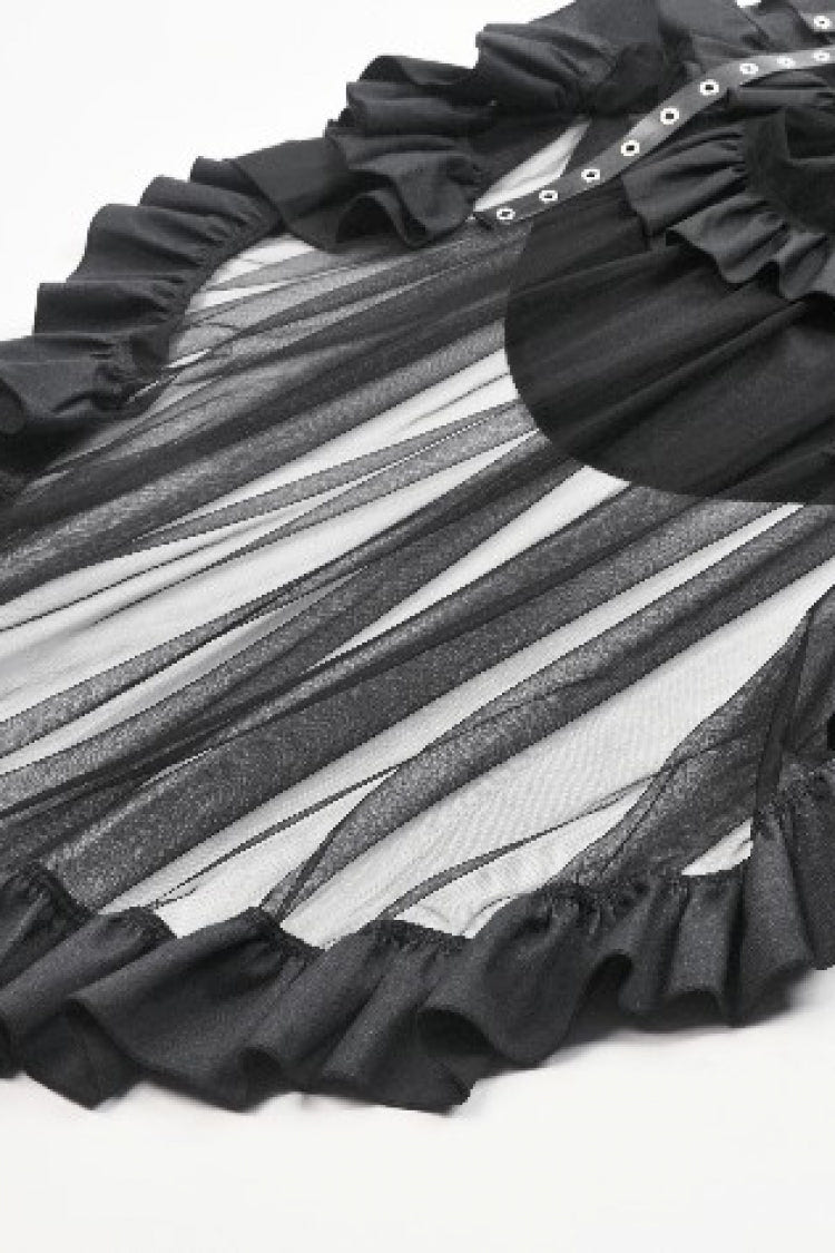 Black Eyelet Straps Women's High-Low Multi-Layered Ruffled Sheer Mesh Punk Skirt - Product - 15