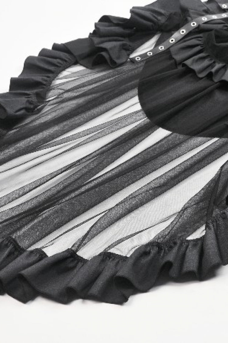 Black Eyelet Straps Women's High-Low Multi-Layered Ruffled Sheer Mesh Punk Skirt - Product - 15