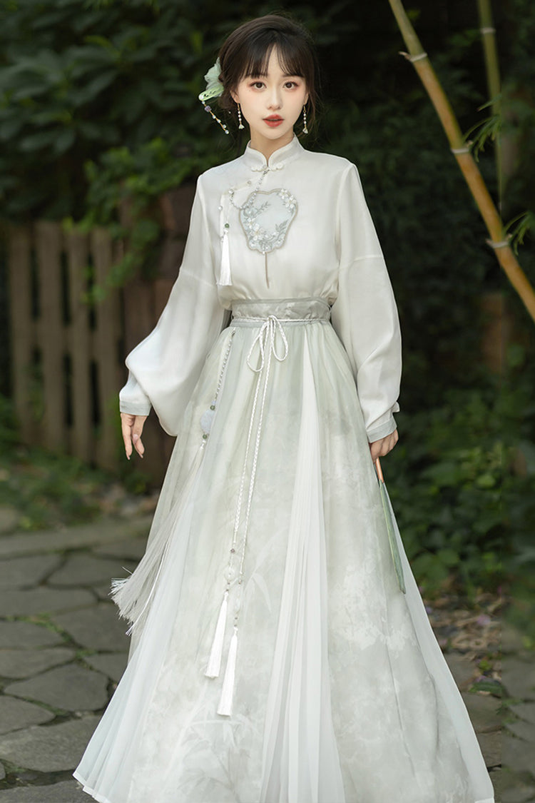 Green Stand Collar Lantern Sleeves High Waisted Embroidery Sweet Chinese Style Hanfu Skirt And Blouse Set - Product - 2