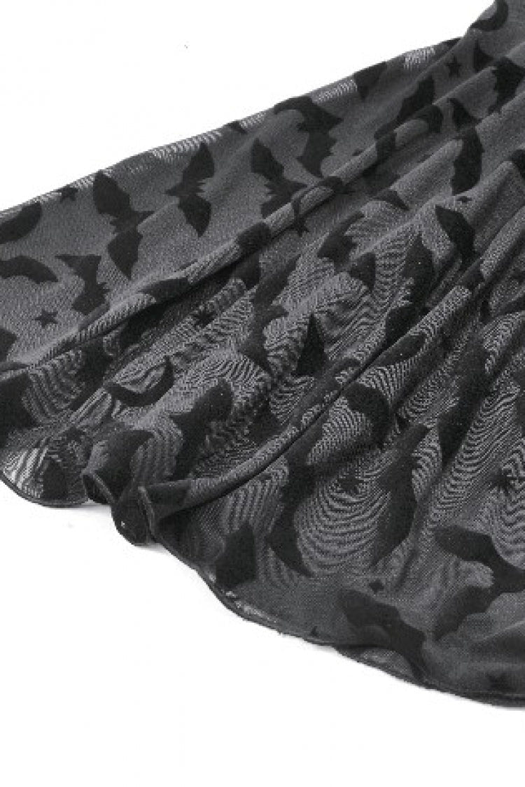 Black Square Collar Long Trumpet Sleeves Bat Printed Lace Irregular Hem Women's Gothic Dress - Product - 14
