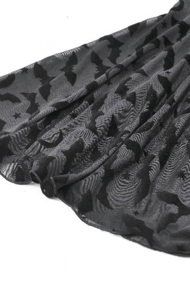 Black Square Collar Long Trumpet Sleeves Bat Printed Lace Irregular Hem Women's Gothic Dress - Product - 14