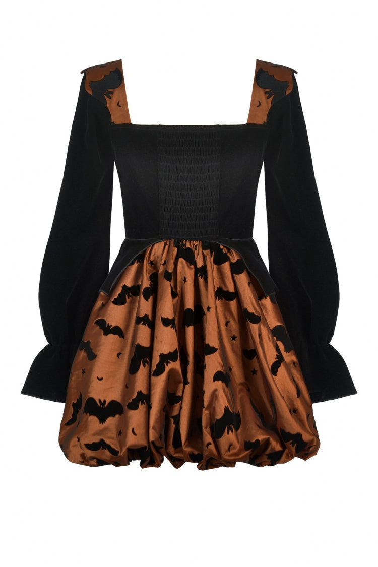 Black/Orange Square Collar Long Sleeves Bat Printed Lace-Up Women's Gothic Pumpkin Halloween Dress - Product - 11