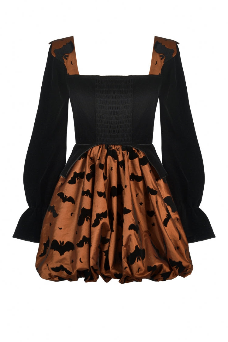 Black/Orange Square Collar Long Sleeves Bat Printed Lace-Up Women's Gothic Pumpkin Halloween Dress - Product - 11
