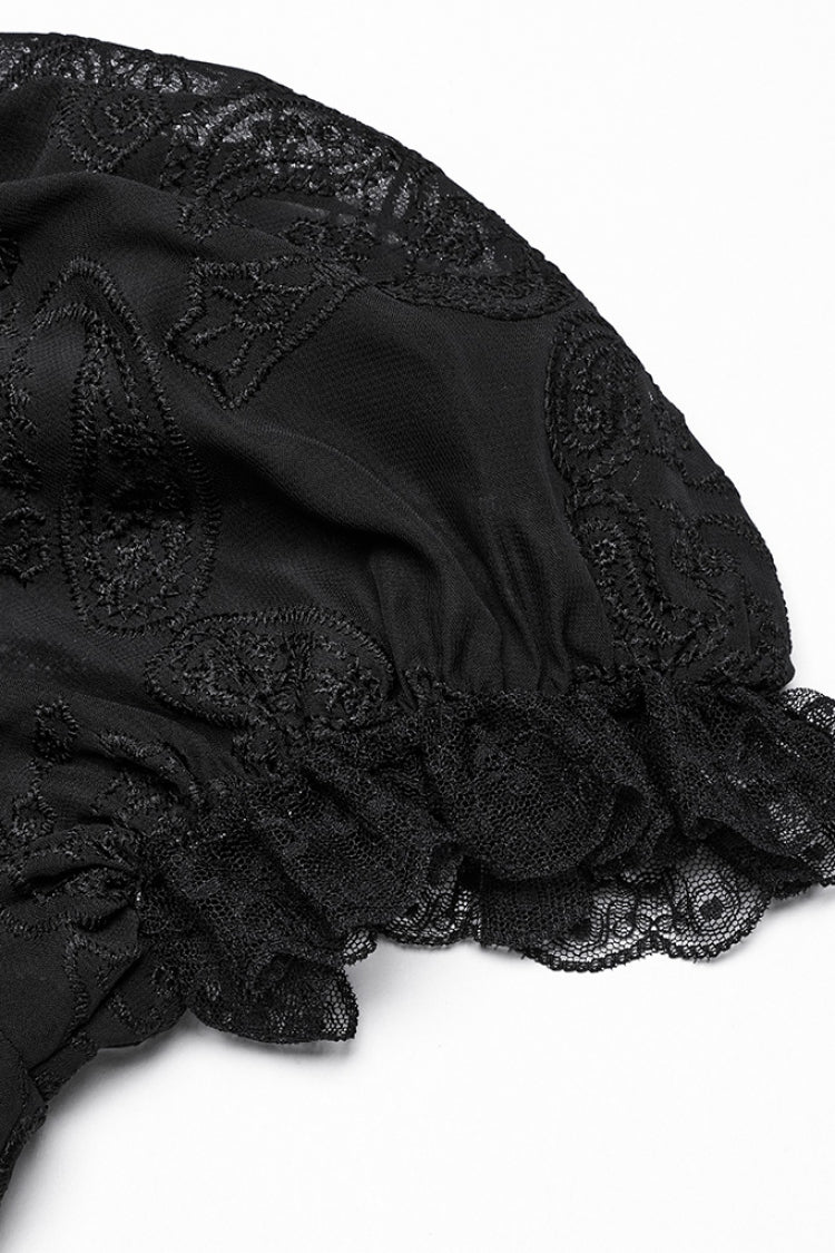 Black Stand Collar Long Puff Sleeves Jacquard Lace Women's Gothic Blouse - Product - 8