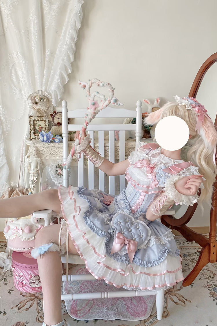 Blue Triple-Layered Ruffled Bow Lace-Up Slim Ballet Sweet Lolita Dress - Product - 5