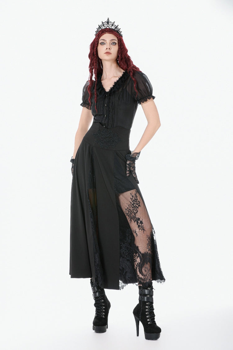 Black High Waisted Floral Printed Lace Mesh Women's Gothic Elegant Long Skirt - Product - 11
