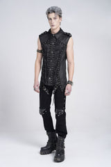 Black Sleeveless Studded Lace-Up Men's Gothic Blouse - Product - 9