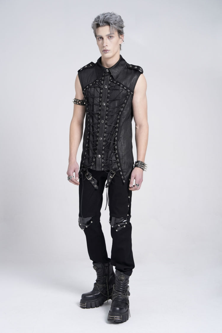 Black Sleeveless Studded Lace-Up Men's Gothic Blouse - Product - 9