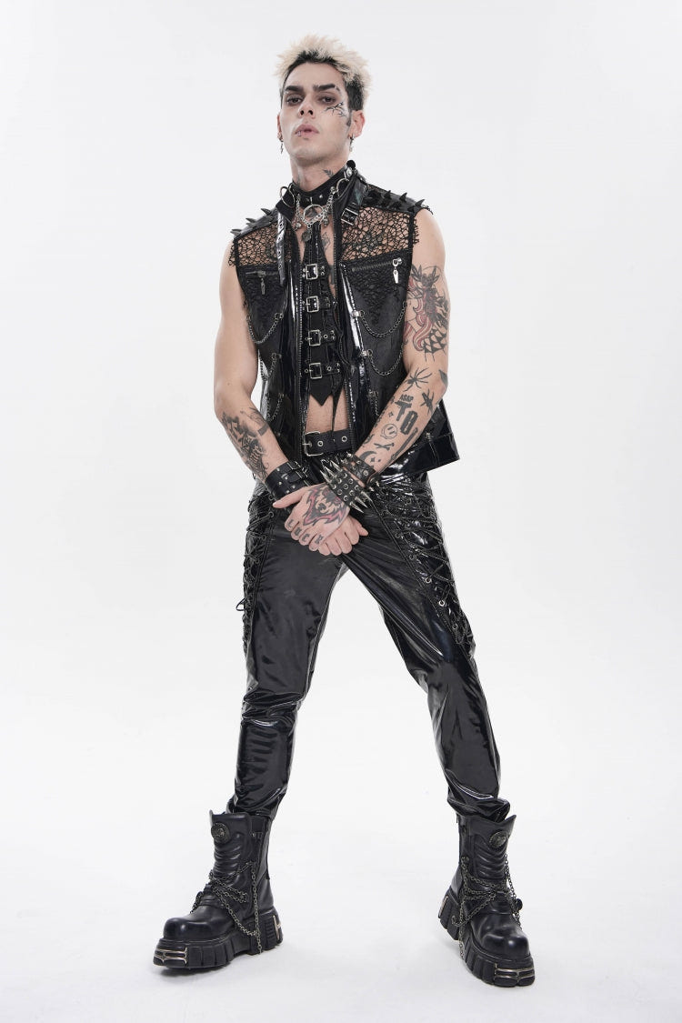 Black Spliced Mesh Studded Buckled Zippered Chain-Decorated Eyelet Men's Punk Cool Vest - Product - 3