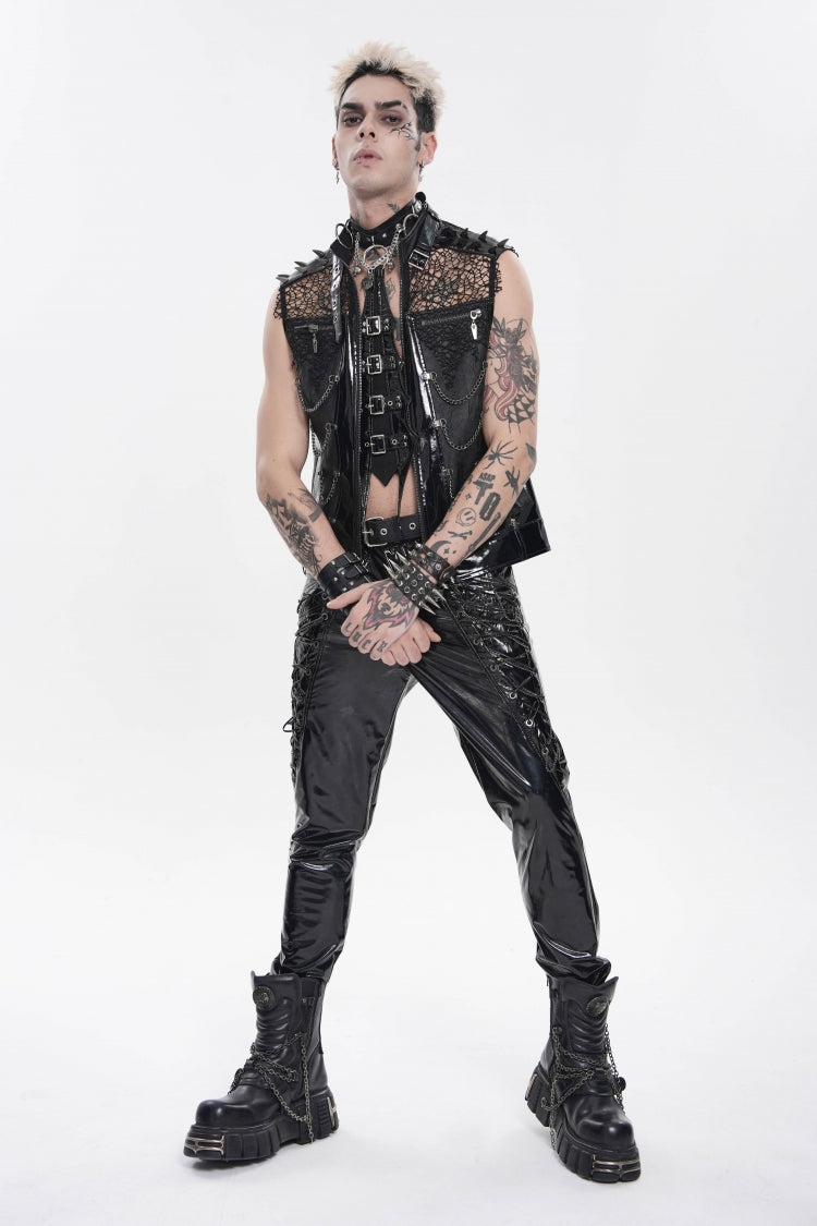 Black Spliced Mesh Studded Buckled Zippered Chain-Decorated Eyelet Men's Punk Cool Vest - Product - 3