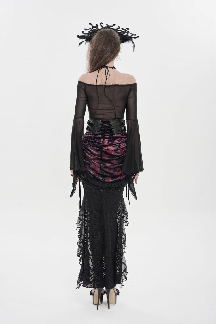 Black/Red Embroidered Rose Lace-up Irregular Women's Gothic Hem Skirt - Product - 8