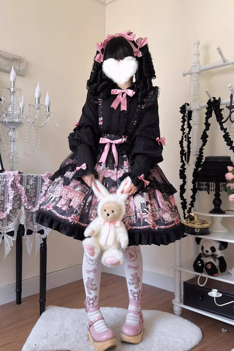 Black [The Case of the Missing Lamb] Print Ruffle Bowknot Lace Gothic Lolita SK Skirt - Product - 14