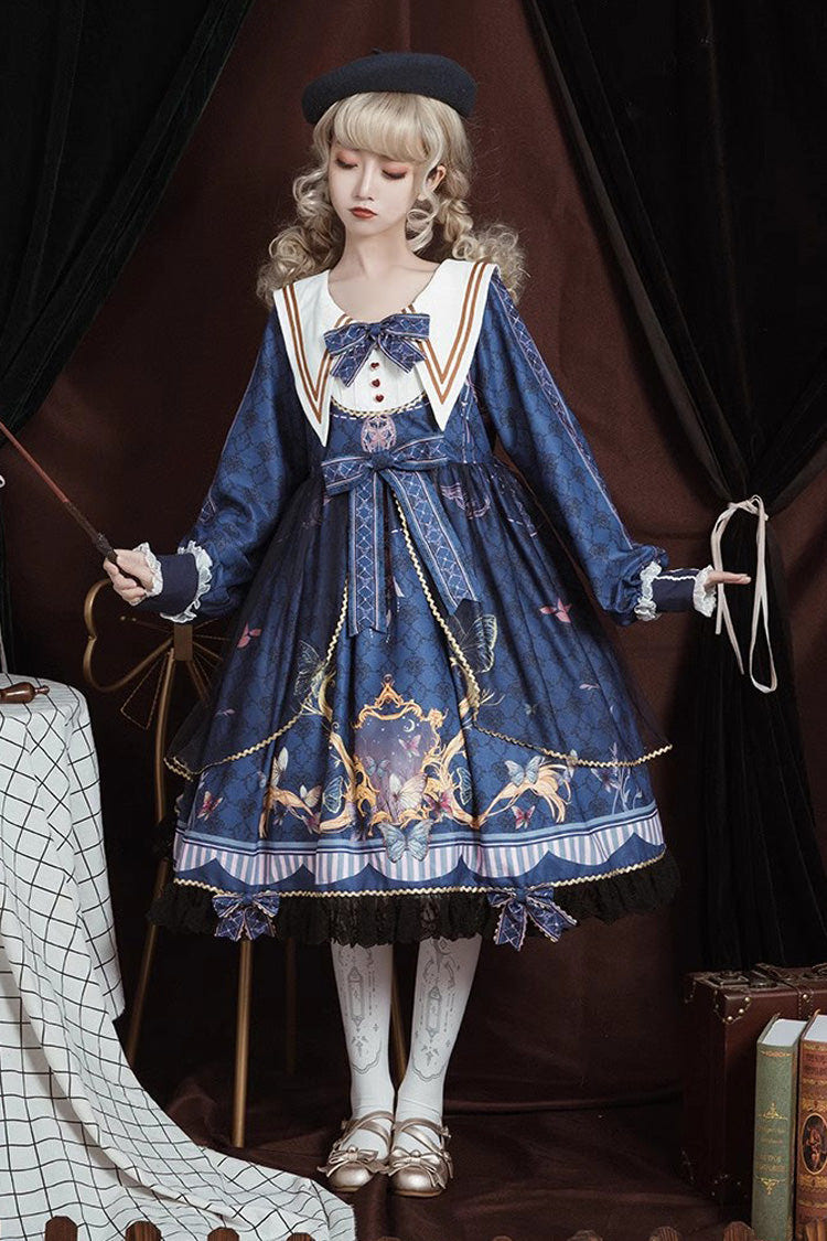 Blue Navy Collar Long Sleeves Butterfly Print Ruffle Bowknot Sweet Elegant Princess Lolita Dress - Product - 4