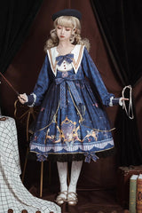 Blue Navy Collar Long Sleeves Butterfly Print Ruffle Bowknot Sweet Elegant Princess Lolita Dress - Product - 4