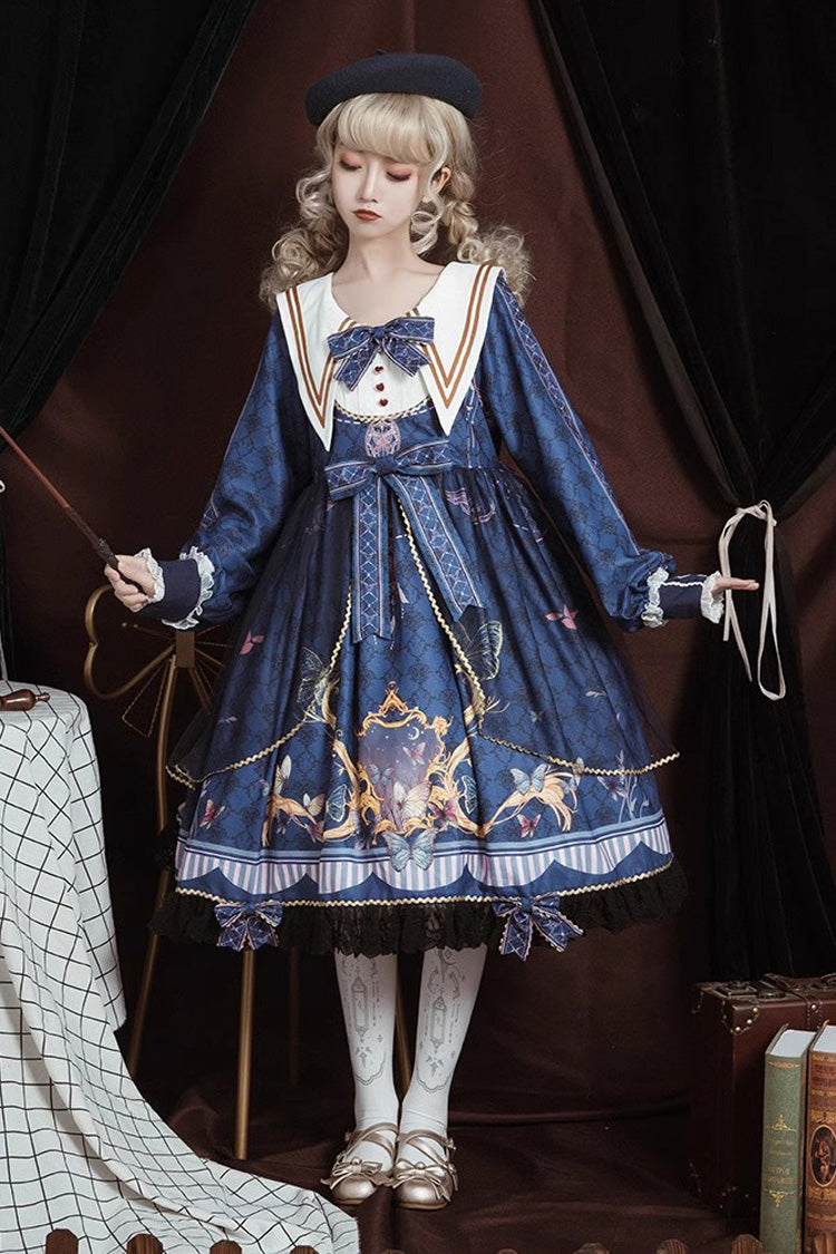 Blue Navy Collar Long Sleeves Butterfly Print Ruffle Bowknot Sweet Elegant Princess Lolita Dress - Product - 4