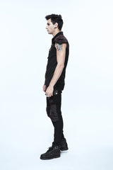 Black Twill Brown One Shoulder Armor Heat Seal Hasp Sleeveless Men's Punk Shirt - Product - 4