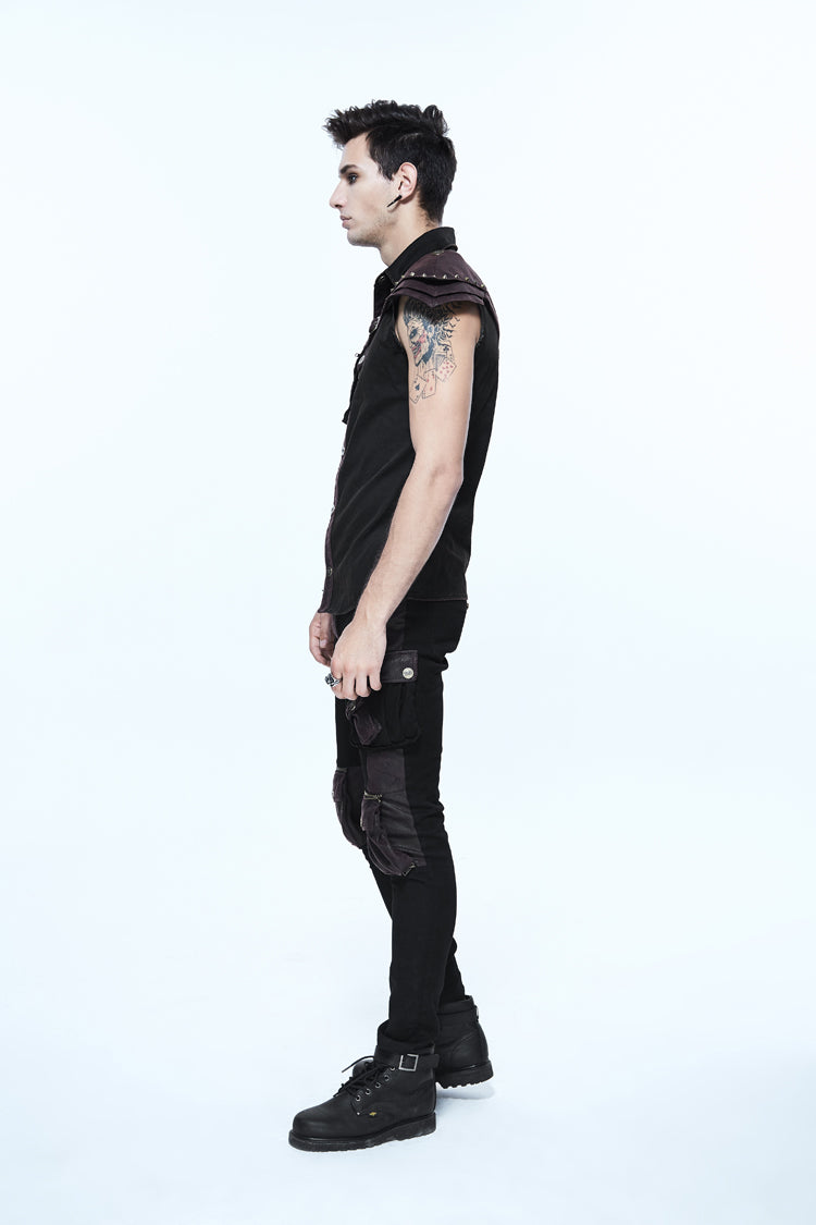 Black Twill Brown One Shoulder Armor Heat Seal Hasp Sleeveless Men's Punk Shirt - Product - 4