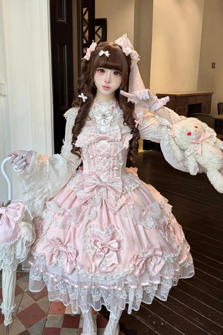 Pink [Sweetheart] Sleeveless Multi-Layered Embroidered Bow Lace Lace-Up Sweet Lolita Jsk Dress - Product - 2