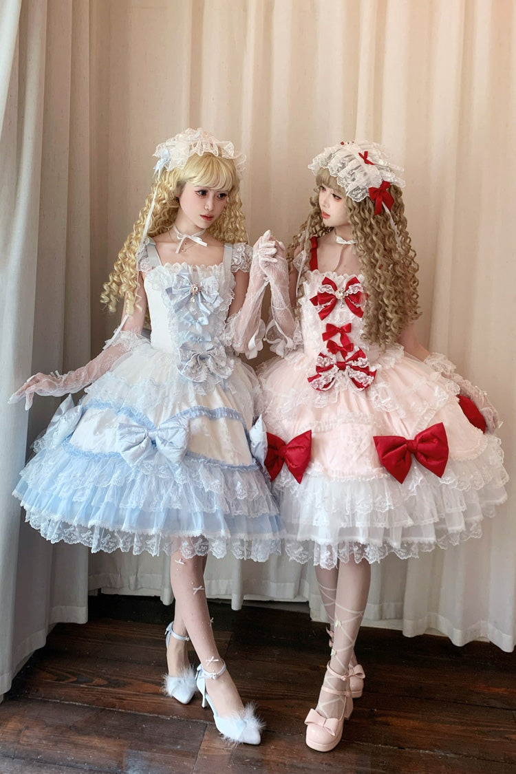 Red/Pink [Flower Dream Isle] Square Collar Multi-Layered Ruffled Bow Lace Sweet Lolita Jsk Dress - Product - 11