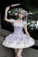 Purple [Floral Dream] Short Sleeves Multi-Layered Ruffle Embroidery Bowknot Lace-Up Sweet Elegant Ballet Lolita Jsk Dress - Product - 3