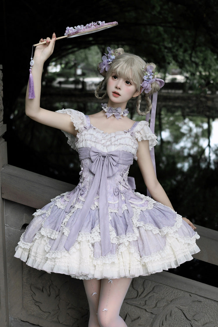 Purple [Floral Dream] Short Sleeves Multi-Layered Ruffle Embroidery Bowknot Lace-Up Sweet Elegant Ballet Lolita Jsk Dress - Product - 3
