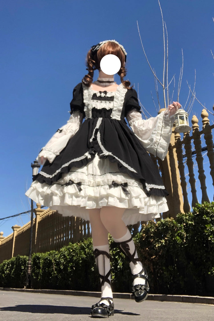 White/Black Long Hime Sleeves Ruffle Cardigan Bowknot Gothic Lolita Dress - Product - 3