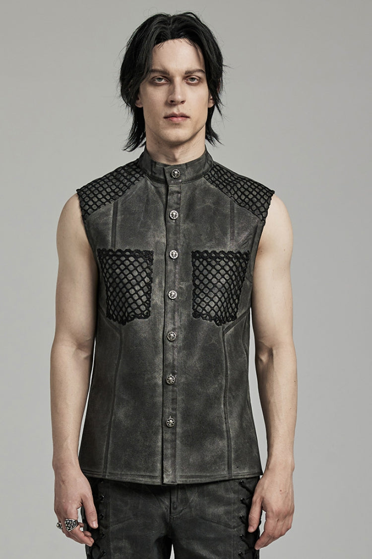 Grey Stand Collar Stitching Men's Punk Vest - Grey - 1