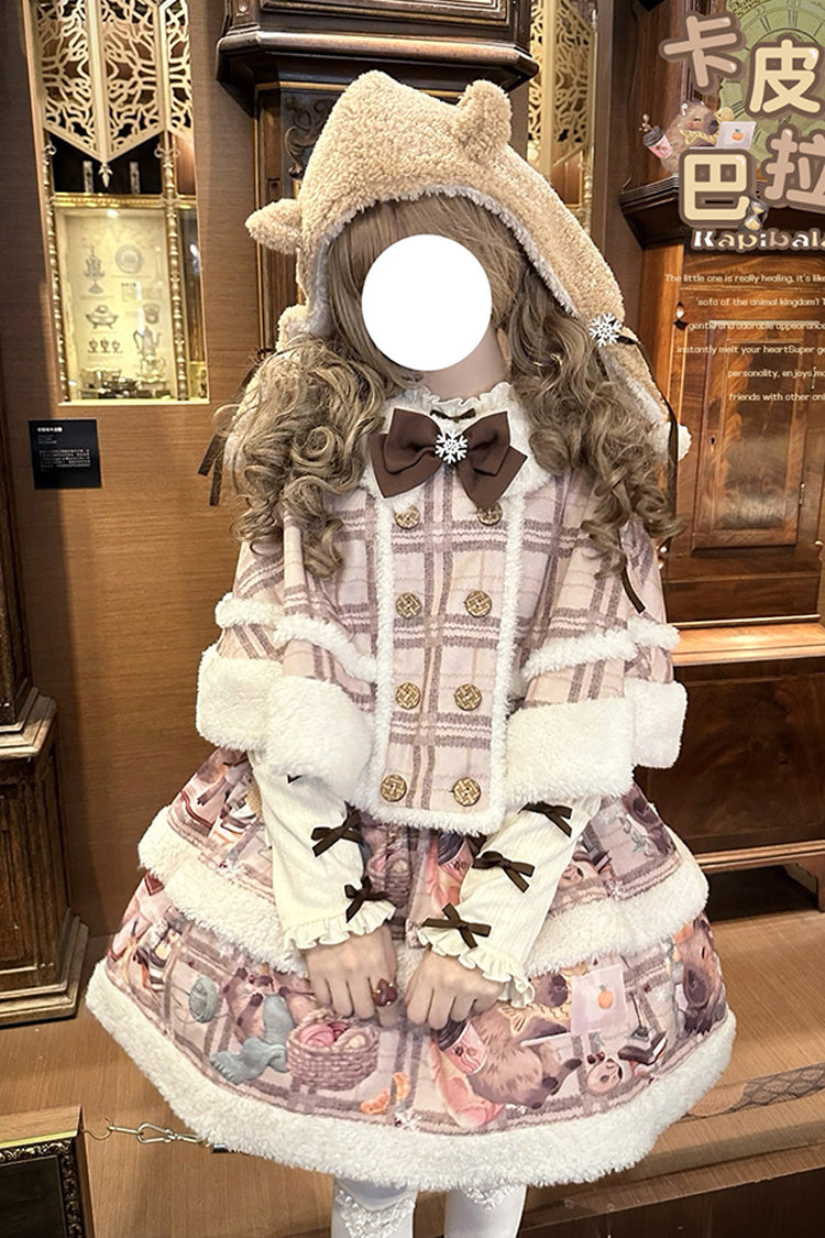 Pink/Purple [Capybara] Double-Layered Print Fluffy Fall Winter Sweet Lolita Jsk Dress - Product - 10