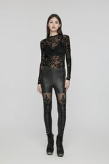Black Embroidered Spliced Sheer Women's Gothic Leggings - Product - 6