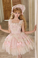 Pink [Blossoming Heart Love ] Sleeveless Dark Jacquard Print Bowknot Lace Sweet Lolita Jsk Dress - Product - 3