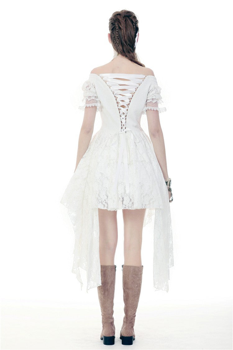 White Off Shoulder Lace Short Sleeves Lace-Up Women's Steampunk Luxurious Wedding Graduation Dress - Product - 4