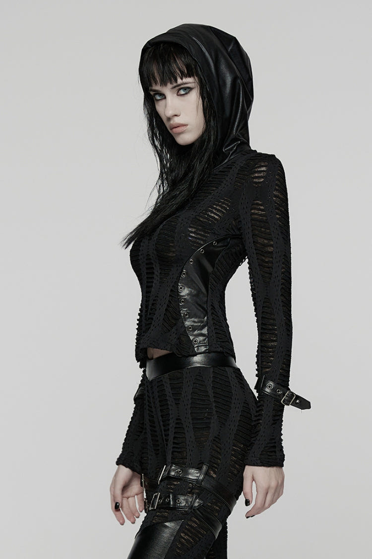Black Long Sleeves Hooded Ripped Buckled Strappy Women's Punk T-Shirt - Product - 2