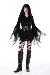 Black Evil Devil Long Flared Sleeves Ripped Women's Gothic Hooded Slim Dress - Black - 1